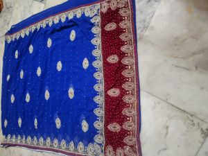pink velvet border blue Dimond stone work saree
