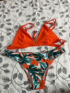 Orange & Leaf Print Bikini Set