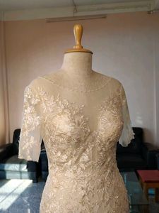 Elegant Champagne Wine Colour Lace Wedding Dress