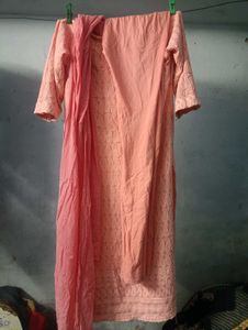 Peach Chikankari Kurti Legging And Dupatta Set