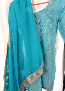 Teal Embroidered Kurta with plazo and dupatta