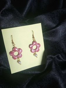Pink Flower Pearl Drop Earrings