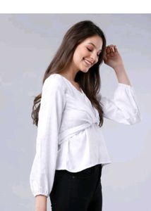 White Knot-Front Long Sleeve Top