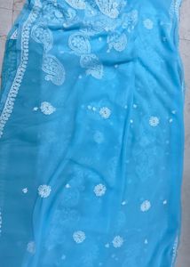 Ice Blue Lukhnowi work saree