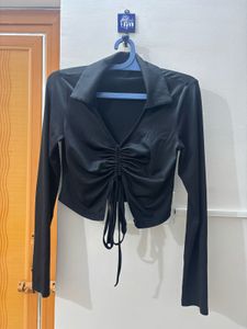 Black Ruched Front Long Sleeve Top
