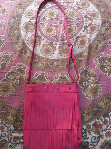 Pink Faux Suede Fringe Crossbody Bag