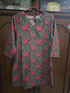 Pink &amp; Green Floral Print Tunic Kurta