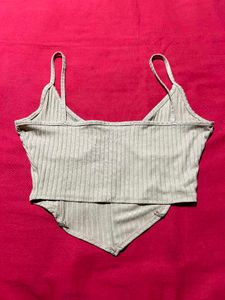 Beige Ribbed Corset Style Crop Top