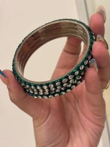 Green &amp; Silver Beaded Bangle Combo Of Two