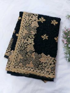 Black &amp; Gold Zari Work Embroidered Net Saree