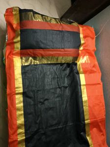 New CottonSilk BlackAndOrange With LaceBorder Sare
