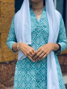 Elegant Aqua &amp; White Printed Kurti Set