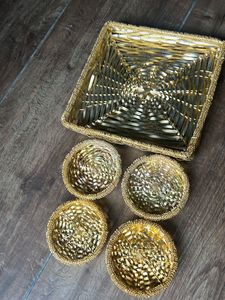 Gold Woven Coaster Set with Tray