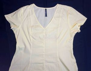 Light Yellow Button-Down Blouse with V-Neck