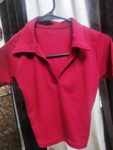 Red Ribbed Polo Top