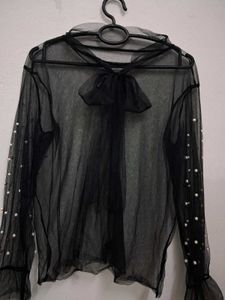 Tie Up Sheer Black Pearl Beaded Top