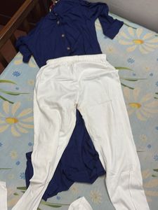 Blue Kurta And White Leggins With Pocket For Women