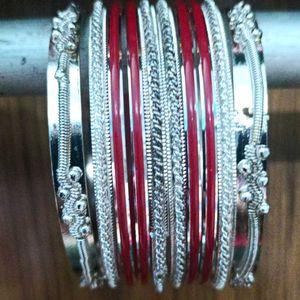 Combo Of Silver Blue And Silve Red Bangle Set