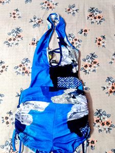 Blue Patterned Halter Romper