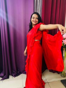 Stunning Red Ruffle Saree- Designer Made