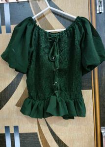 Green Shirred Peplum Top