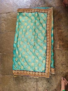Teal &amp; Gold Embroidered Saree