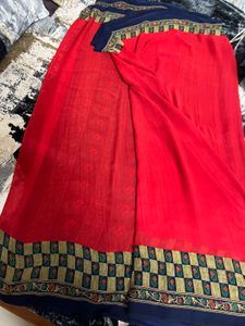 Red &amp; Blue Printed Saree