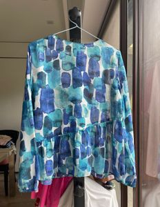Blue Watercolor Print Peplum Top