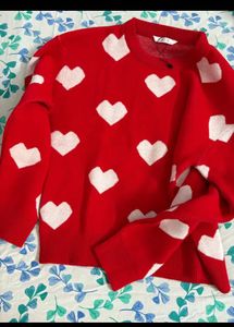Red Heart Print Pullover Sweater