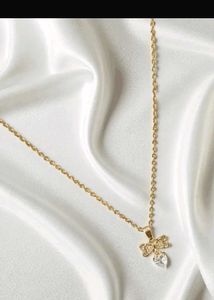 Gold Tone Bow & Heart Necklace, Anti Tarnish