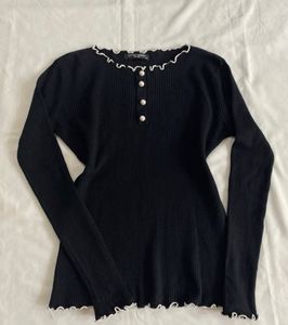 Black Ruffle Trim Long Sleeve Top