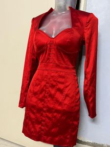 Bebe Branded Padded Red Corset Satin  Dress