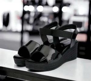 Sleek Black Patent Wedge Sandals