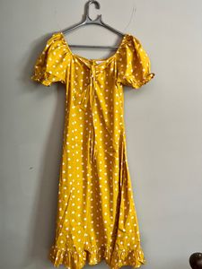 Yellow Polka Dot Puff Sleeve Midi Dress