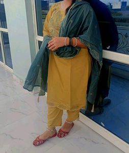Olive Green Embroidered Kurti Set
