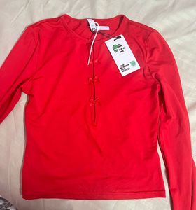 Bow red Solid Round Neck Fitted Top