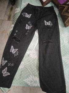 Black Urbanic Embroidery Denim Jeans For Women
