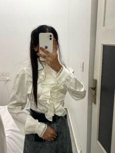 Victorian neck design Ruffled Korean White Top