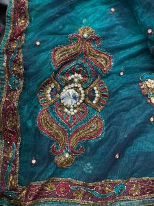 Emerald Green Embroidered Sari Fabric