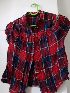 Red Plaid Cold Shoulder Top
