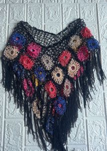 Crochet Floral Fringe cape cover up Top
