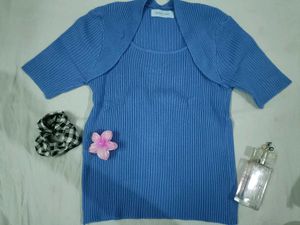 Y2k Blue Ribbed Knit Top & Shrug Set