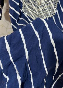 Navy Striped Embroidered Kurti