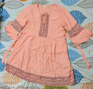 Peach Printed Tie Neck Dress