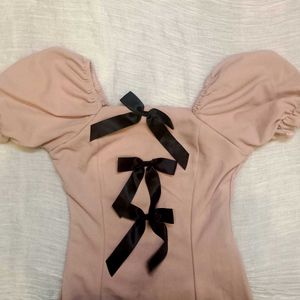 Peach Hoodie Dress with Black Satin Bow Accents