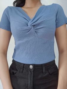 Blue Twist-Front Knit Top