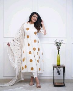 White & Brown Polka Dot Anarkali Suit