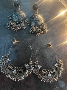 Two Pair Of Jhumkas , One Is Oxidised Junk Jewellery &amp; Second One Chaand Baali 😊❤️