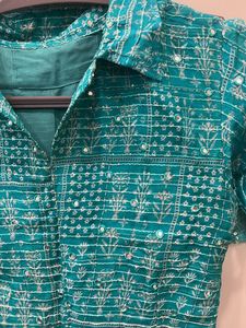 Blue High Slit Sequinned Kurta