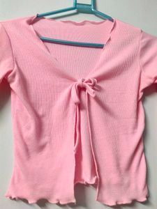 Pink Tie-Front Long Sleeve Top